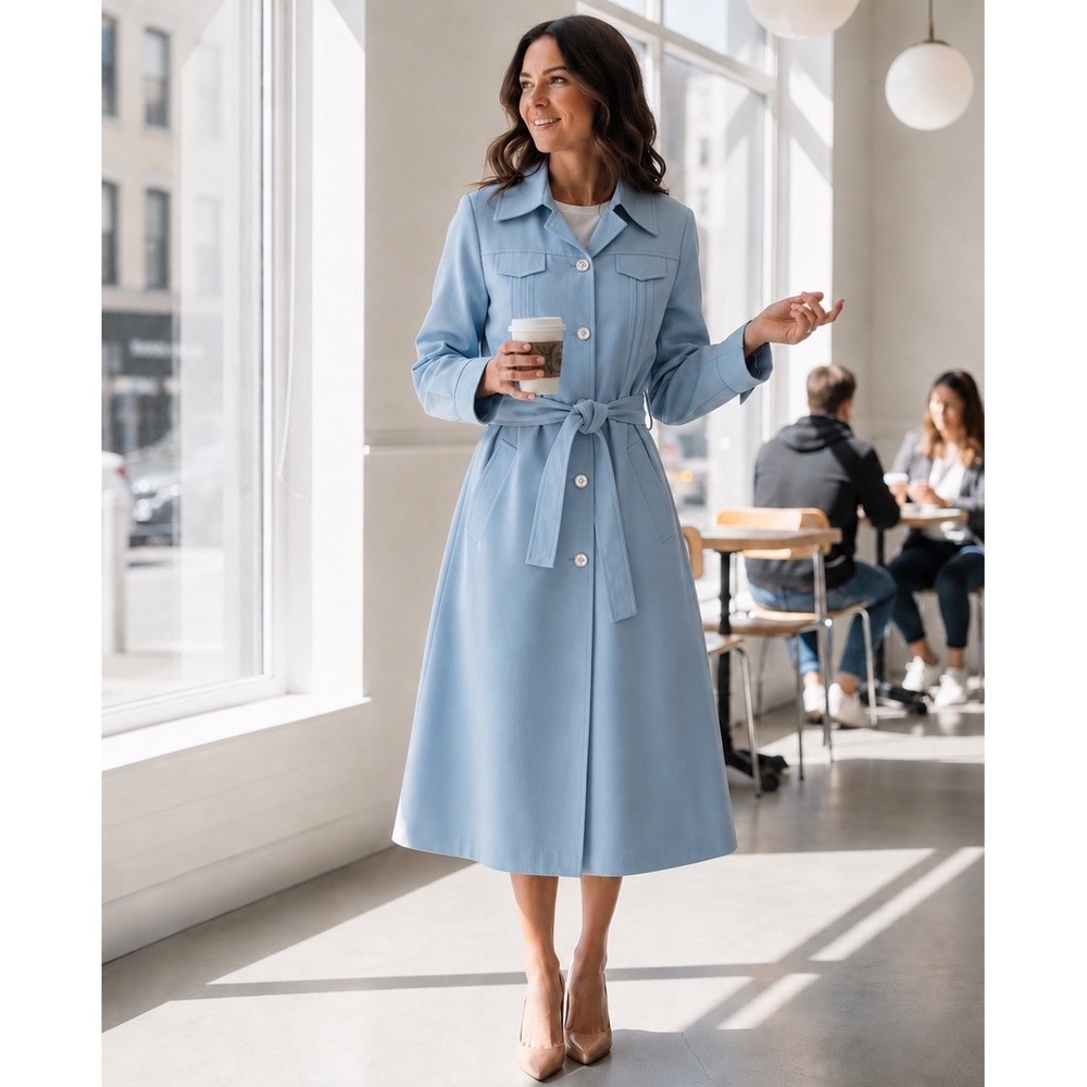 VTG Audrey Hepburn Style Sz 7/8 Trench Coat Forecaster-Boston Lined Baby Blue